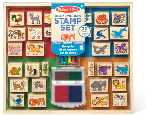 Melissa & Doug Deluxe Wooden Stamp Set: Animals - 30 Stamps, 6 Markers, 2 Stamp Pads Kids Art Projects, Wooden Stamps with Washable Ink, for Kids Ages 4+