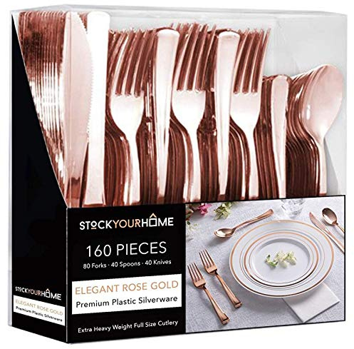 Rose Gold Plastic Silverware Set (160 Bulk Pack) Disposable Cutlery Utensils, 80 Forks, 40 Knives, 40 Spoons, Heavy Duty Rose Gold Flatware For Holidays, Parties, Dinners, Weddings, and Occasions