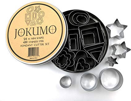 JOKUMO Mini Juego de Cortadores de Fondant en Varias Formas - Juego de 24 Piezas en Acero Inoxidable 430 - Estrellas, Corazones, Flores, 5 Tipos de Formas Geométricas