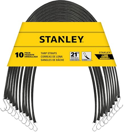 STANLEY S300421 Black 21 Rubber Tarp Bungee Cords for Boating, Camping, Cargo Support, 10 Pack
