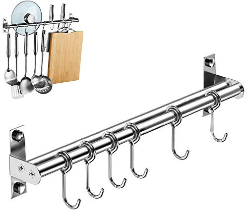 TEESIN 40 cm Kleiderbügel aus Edelstahl, Haken für Küchenutensilien, Wandhalterung, Aufhängeschiene mit 6 verschiebbaren Haken zum Aufbewahren von Küchenutensilien (40 cm)