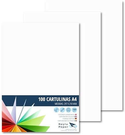 Raylu Paper – Papier Cartonné A4 Coloré, 100 Feuilles Cartonnées, Papier Epais de Couleur, pour l’Ecole, le Bureau, le Scrapbooking, les Activités Manuelles, 180g/m², 210 x 297 mm (Blanc)