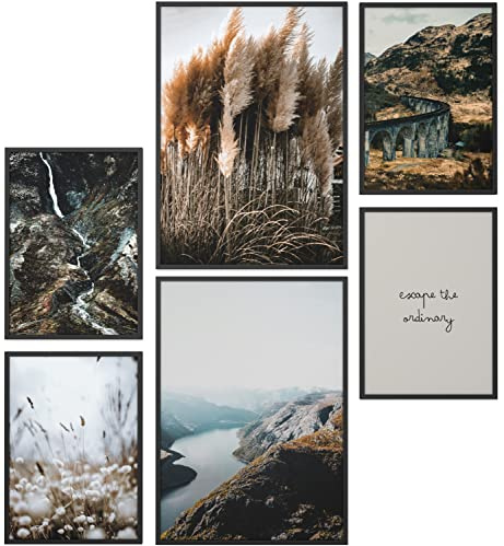 Papierschmiede® XXL Mood Poster Set Rocks and Rivers, Gerahmte Bilder (Aluminium Rahmen, Farbe wählbar), Wohnzimmer Deko Wandbilder Schlafzimmer, 2x A2 und 4x A3, Pampasgras Fluss Berge Wald grün