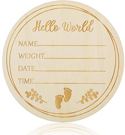 AIEX Wooden Baby Announcement Sign Hello World Plaque, 5.9 Inch Round Newborn Welcome Sign Baby Birth Sign Board for Baby Shower Photo Prop Hospital Nursery New Parents (Style 3)