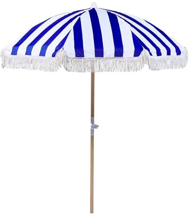 Parasol de Jardin Rétro ⌀ 150 cm Mât en Bois et Tissu Bleu et Blanc Mondello