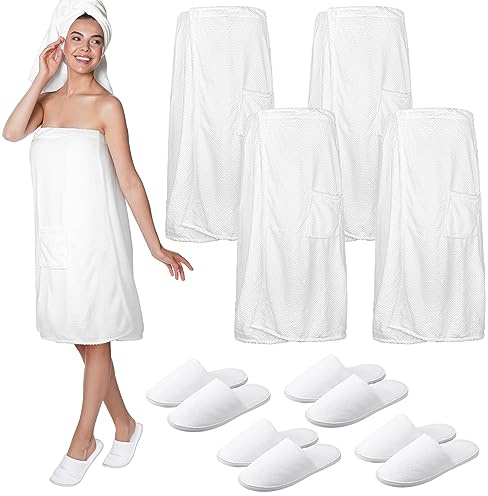 Tigeen 4 Sets Spa Robes for Women Spa Wraps Lightweight Waffle Towel Wrap with Pocket Bath Robe Wrap and Washable Hotel Slippers for Spa Gym Sauna Bath, White