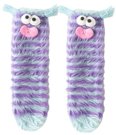 Kryzalite Calcetines divertidos de terciopelo coral con diseño de monstruo de dibujos animados para mujeres y niñas, calcetines 3D novedosos para la cara (rayas moradas)