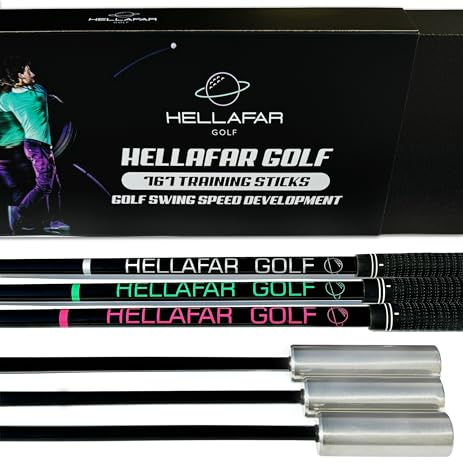 HELLAFAR GOLF Golf Swing Speed Training Sticks | Increasing Club Head Speed and Distance | 6 Month Swing Stick Training Program | Includes 3 Weighted Golf Speed Sticks w/Bonus Stretch Program