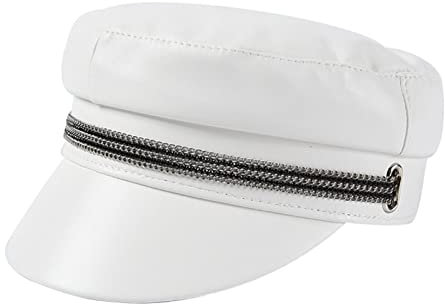 Lederhüte für Herren und Damen Weiße Mil-Italien-Hut Frauen Bäcker Jungenhut Damen Lederkappenkette Herbst Winter Marke Vintage Weibliche PU Captain Hut Warmes und süßes Geschenk (Color : White, Siz