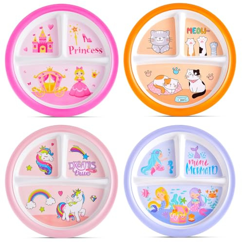 Hushee 4 Pcs 8.5 Inch Melamine Toddler Dinner Plates Set for Kids Girls, Divided Reusable 3 Compartment Dinnerware Dishes Plates for School Party Cat Princess Mermaid Unicorn(Girls)