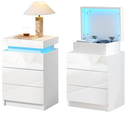 CLIPOP Nachttisch 2er Set Hochglanz, 3 Schubladen, verstecktes Fach, LED | Nachtschrank, 45×35×67 cm, für Wohnzimmer & Schlafzimmer, weiß, modernes Design, viel Stauraum, Möbel