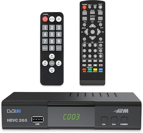 APM Decoder TNT Full HD 1080p, sintonizzatore TNT H.265 HEVC, telecomando semplificato, demodulatore DVB-T2 DVB-C porte HDMI, SCART, USB, Coax. Canali Terrestri Gratuiti Francia Germania Spagna,