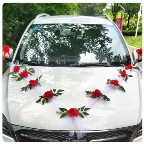 Pmnzdy Autoschmuck Hochzeit Hochzeitsfeier Auto Deko Künstliche Seidenblume mit Saugnapf Tüll Girlande Hochzeitsauto Motorhaube Deko mit 2 Tüll 1.6m & 9 Blumen & 2 Spiegelblumen Weiß + rote Blume 1#