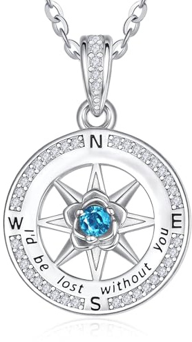 Zeuslia S925 Silber Kompass Halskette für Damen, Ohne Dich Wäre Ich Verloren Schmuck, Mama Geburtstag Graduierung Jahrestag Geschenk, Freundin Tochter Kette mit Geburtsstein Anhänger