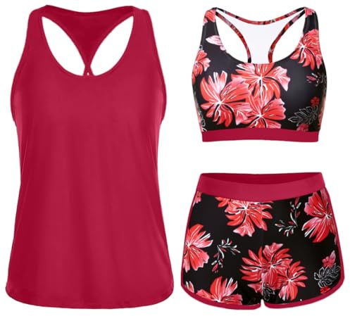 Yonique 3-teiliger athletischer Tankini-Badeanzug für Damen mit Shorts, Schwimm-Tank-Tops mit Sport-BH und Boyshorts, Badeanzüge, Rot/Blumenmuster, Large