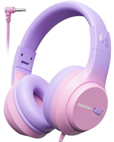 awatrue Casque Audio Enfant, 74/85/94dB Volume Sécurisé Casque Filaire Enfant, Son Stéréo, Pliable, 3.5 mm Jack Over Ear Casque pour Enfants pour Ipad/Voyage/Tablette/Téléphone (Rose Violet)