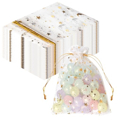 BORISCA 110 Pcs Sachet Organza 7x9cm, Sachet Transparent Organza, Petite Pochette Cadeau avec Motif étoile et Cordon de Serrage, Pochon Tissu pour Cadeau de Noël Marriage Bonbons (Blanc)