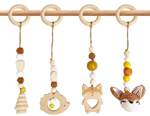 Whcctl 4 Stück Spielebogen Babies Holz, Spieltrapez Baby, Baby Gym Holz, Anhänger Spielbogen, für Mädchen Jungen Babyspielzeug, ab 0 Monate Spielebogen (Braun)