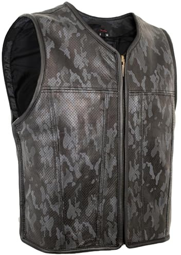 Chaleco de piel para hombre, diseño de camuflaje, color negro y gris, perforado, de auténtica piel de vacuno, ampliable mediante cremallera, Camo Negro, L