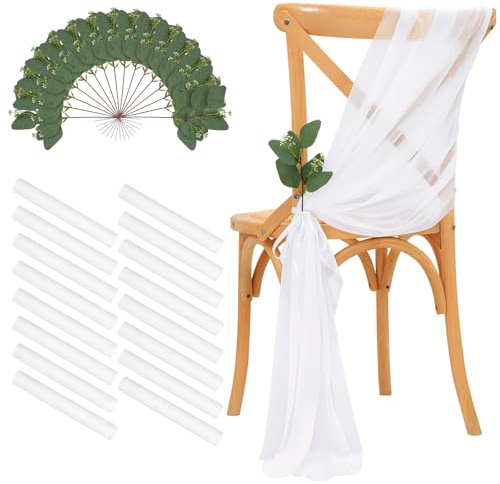 DazzWed 16 Stück Stuhlhussen Hochzeit Weiß 26x240cm – Chiffon Stoff Stuhlschleifen Stuhldeko Tüll Stuhlschärpen Kirche Bankreihe Hochzeit Party