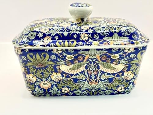 fine Bone China William Morris Blue Strawberry Thief Butter Dish with lid