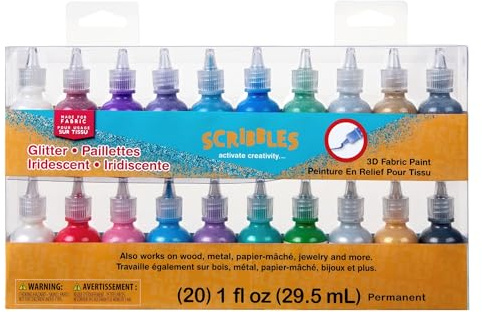 Bulk Buy: Scribbles Glitter 3D Paint Glitter - Pack of 20 Glitter, Nontoxic & Permanent Dimensional Paints for Fabrics, T-shirts, Backpacks, Posters, Glass, Wood and More