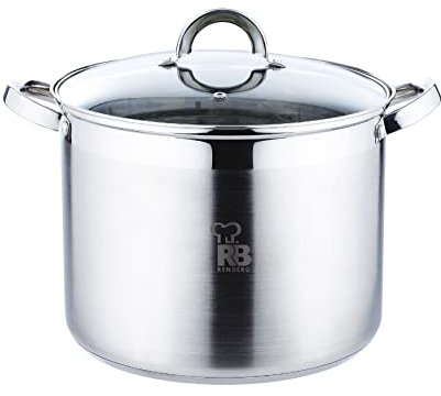 RENBERG Alexander | Acero Inoxidable | Batería de Cocina | Fondo Encapsulado de 5 Capas | Olla de Cocina Alta de 28x21.5 cm y 12 Litros con Tapa de Cristal
