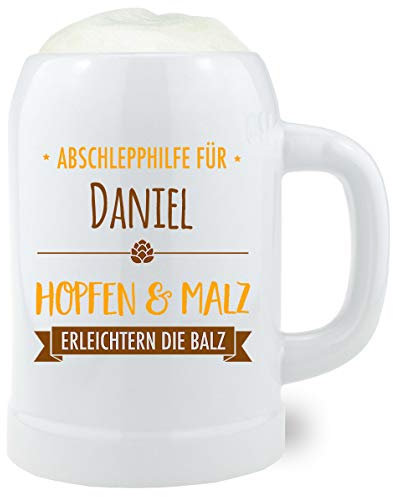 Bierkrug Abschlepphilfe mit Namesaufdruck, Bavariashop Steinkrug mit Gravur nach Wunsch, Geschenkidee, Single