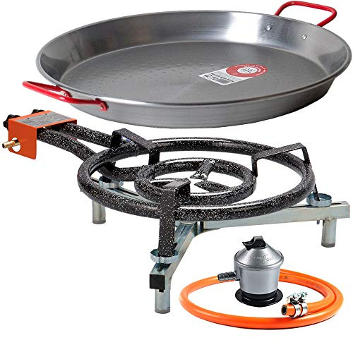 Poêle à paella 40 cm à gaz Garcima + kit paella Bricolemar (support universel de table + poêle à paella 42 cm + régulateur de butane et tuyau homologué)