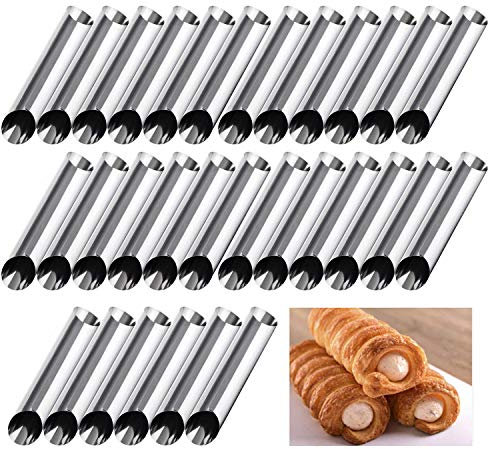 Cannoli Backform, FantasyDay 30tlg Schillerlockenform Set Gerade Röhrchen Spritztüllen Schaumrollen Sahnerollen - Cannoli Röhrchen Edelstahl Kuchen Gebäck Spirale Horn Backform Backzubehör(125 x 25mm)