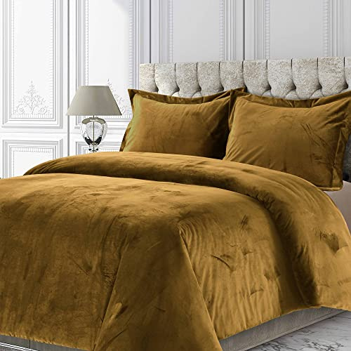 Tribeca Living Velvet Duvet Cover King Oversized 3 Piece Set with 2 Shams, 260-GSM Luxury Plush Velvet Duvet Cover with Microfiber Reverse in Venice Camel Color