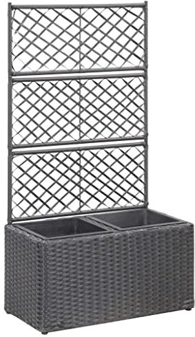 vidaXL Hochbeet mit Rankgitter 2 Töpfen Pflanzkübel Pflanzkasten Blumenkübel Gartenspalier Spalier Rankhilfe Rankkasten 58x30x107cm Poly Rattan Schwarz