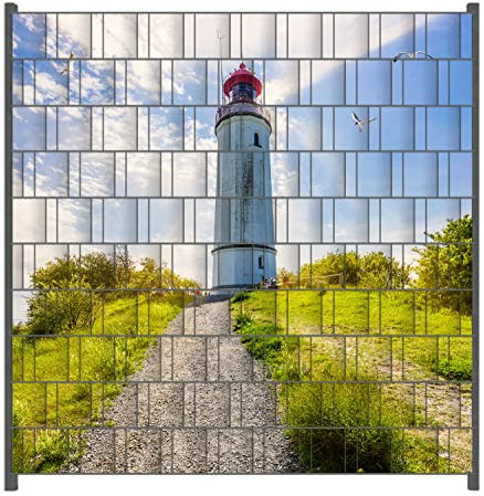 Wallario Zaun Sichtschutz Windschutz für EIN- und Doppelstabmattenzäune in der Größe Breite 2,00m x Höhe 2,00m, Motiv: Leuchtturm auf Hiddensee bei Sonnenschein