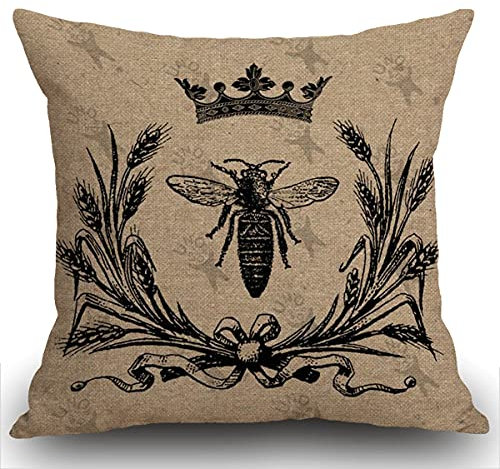 Smooffly Bee Cushion Cover, Outdoor Cushion Vintage Queen Bees Retro Crown Floral Ear Bowknot Black Throw Pillow Case Decorative for Living Room Sofa Bed,45cmx45cm 18x18 inch