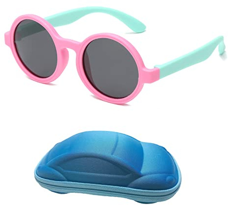 YAMEIZE Barn små solglasögon - söta runda polariserade glasögon för pojkar flickor 3 till 10 år gamla UV400 gummi flexibla skyddsglasögon för barn, Rosa Grön Grå