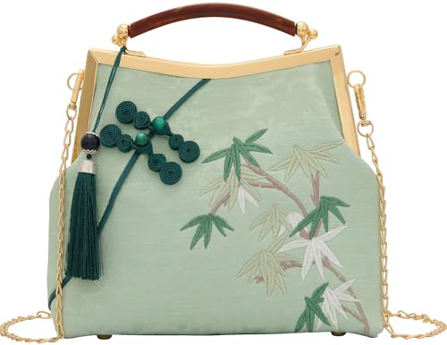 YeBon Retro Schulterkette Messenger Clutch Chinesischer Stil Kran bestickt Jacquard Damen Abendtaschen, Grüner Bambus