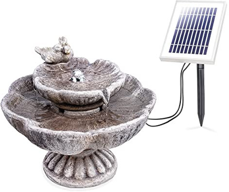 esotec Solar Gartenbrunnen Vogelpaar mit Akku + LED outdoor, Gartenliebhaber-Geschenk, Kaskadenbrunnen, Gartenbrunnen Vogeltränke, Katzenbrunnen, Zierbrunnen, grau H=35cm 101307