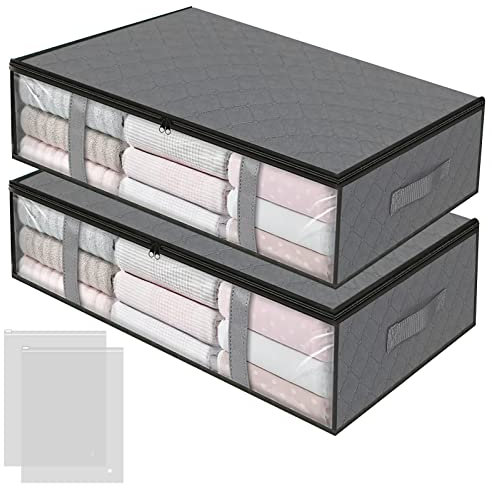 Ailvor Unterbettkommode, 2 Stück Unterbett Aufbewahrungsbox mit 2 Stück Kleidertaschen Transparent, Bettkasten mit Sichtfenster, Bettkasten Aufbewahrung für Decken Kissen Kleidung Bettzeug (Grau)