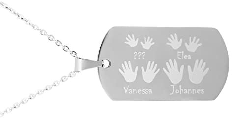 Hanessa Personalisierte Kette mit Gravur Edelstahl 50 cm mit Anhänger Dog Tag Handabdrücke zur Geburt in silber - Personalisierte Geschenke für Familie Mutter Vater Sohn Tochter - Halskette Paar