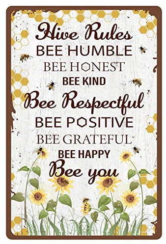 CREATCABIN Metal Tin Sign Hive Rules Bee Happy Retro Vintage Funny Wall Decor Art Mural Hanging Iron Painting for Home Garden Bar Pub Kitchen Living Room Office Garage Poster Plaque 8 x 12inch