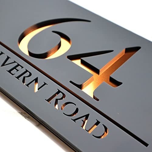 K Smart Sign | Bellissima H3 F32 | Laser Cut Matt Gray (Anthracite RAL7016) & Mirror Finished Grey House Sign Plaques Address Door Number | 300mm x 160mm (Matt Dark Gray & Copper Mirror)
