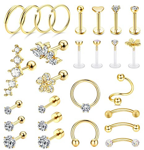 LOLIAS 27 Stück Helix Piercings Chirurgenstahl Ohrringe Damen Conch Rook Tragus Piercing Ohr Ohrpiercing Gold Piercings Set für Nase Lippen Knorpel Labret Daith