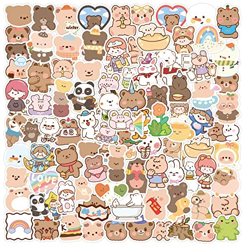 100pcs Cute Korean Bear Stickers Gifts for Girls Kids Small Kawaii Rilakkuma Scrapbooking Stickers Vinyl Waterproof Lovely Aesthetic Decals for Laptop Water Bottles Phone