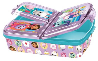 p:os 36543 - Gabbys Dollhouse Porta Pranzo per Bambini con 3 Scomparti, Porta Pranzo in plastica con Chiusura a Clip, Porta merenda per Asilo, Scuola e Tempo Libero