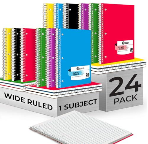 Rosmonde Spiral Notebooks, 24 Pack, 1 Subject Notebook, Wide Ruled, 70 Sheets, 8 x 10-1/2, 3 Hole Punched, School Supplies, Bulk Single Subject Spiral Notebook Bulk, Assorted Colors Pack of Notebooks