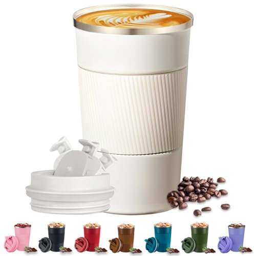 KISUOMAOYI Travel Mug - 380/510 Reusable Insulated Coffee Mug with Leakproof Lid, 304 Stainless Steel Portable Coffee Cup for Hot & Cold Coffee, Tea, Water and Drinks (White)