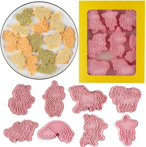 Juego de 8 cortadores de galletas de unicornio, moldes para hornear, cortador de galletas tipo prensa de unicornio 3D para hornear, fondant, queso y pasteles