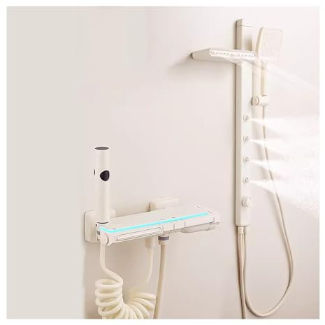 SWHC Colonna Doccia, Display Digitale Kit Doccia 5 Funzioni Set Doccia Bianco Colonna Doccia con Miscelatore, Spray per Spalle, Spray per la Schiena, Soffione Doccia 3 modalità, Doccetta per Bidet