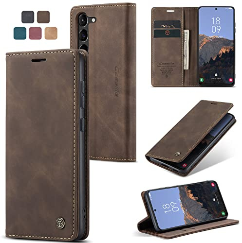 owlhold Fodral Samsung S23 Plus vikbart fodral premium läderfodral mjukt vintage nubuckläder vikbart stativ skyddsfodral kortfack stativfunktion fällbart fodral Samsung Galaxy S23 Plus 5G-kaffe