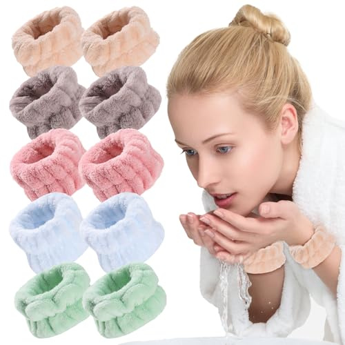 ZOCONE 5 Pares Muñequeras Skincare Suave Muñequeras de Spa Multicolor Microfibra Pulseiras de Toalha Elástico Bandas de Muñeca para Mujeres y Niñas Pulseira Absorvente para Lavado de Cara Spa Skincare